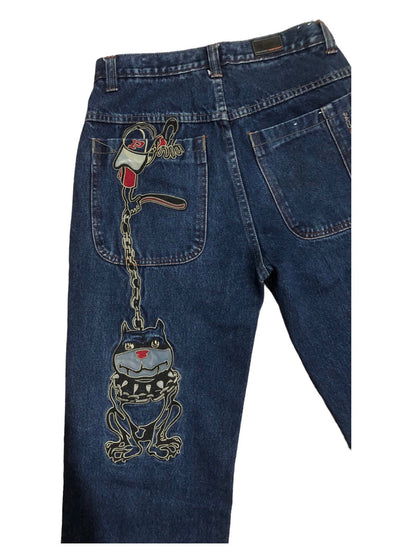 Y2K Paco Jeans Bulldog On Chains Embroidery Baggy Pants