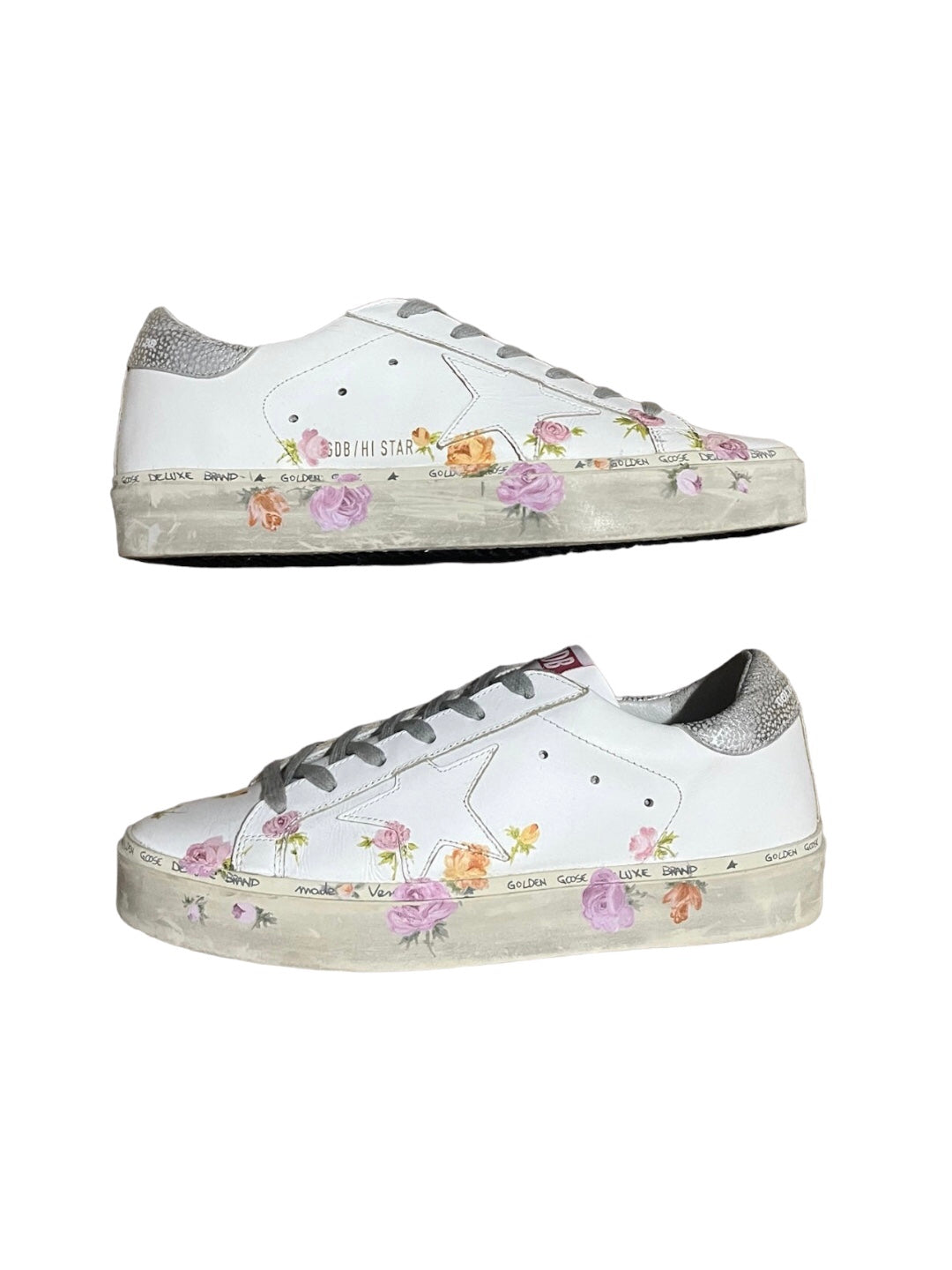 Golden Goose Deluxe Brand Hi Star Floral White Sneakers Made In Italy