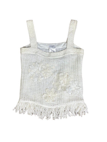 Chanel Knit Tweed 3D Flower Sleeveless White Top